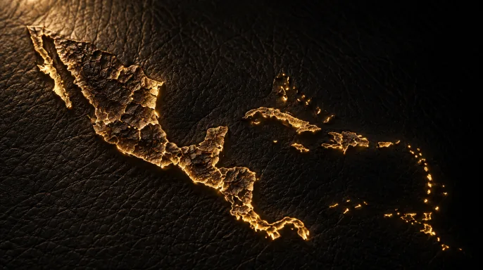 Cuero negro con la silueta de México y el Caribe en oro incandescente